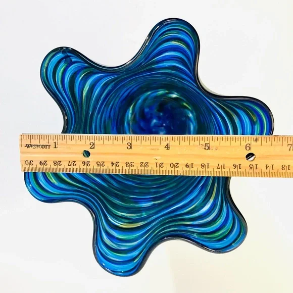 Arribas Brothers Walt Disney World Blown Glass Ruffled Vase 9” Blue Yellow Swirl - Picture 12 of 15